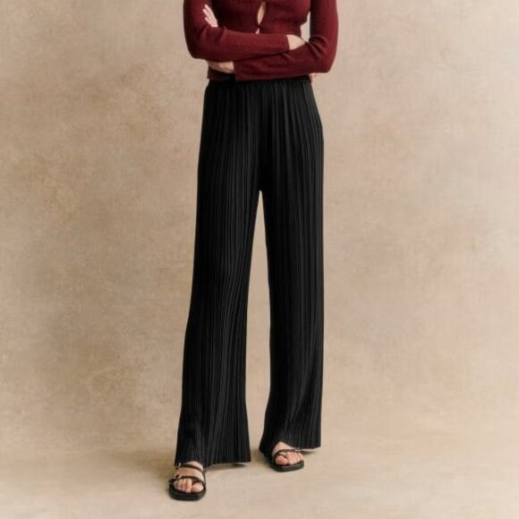 SEZANE 36 Black Jimmy Pleated High-Waisted Accordian Pants Wide Leg - Picture 2 of 9